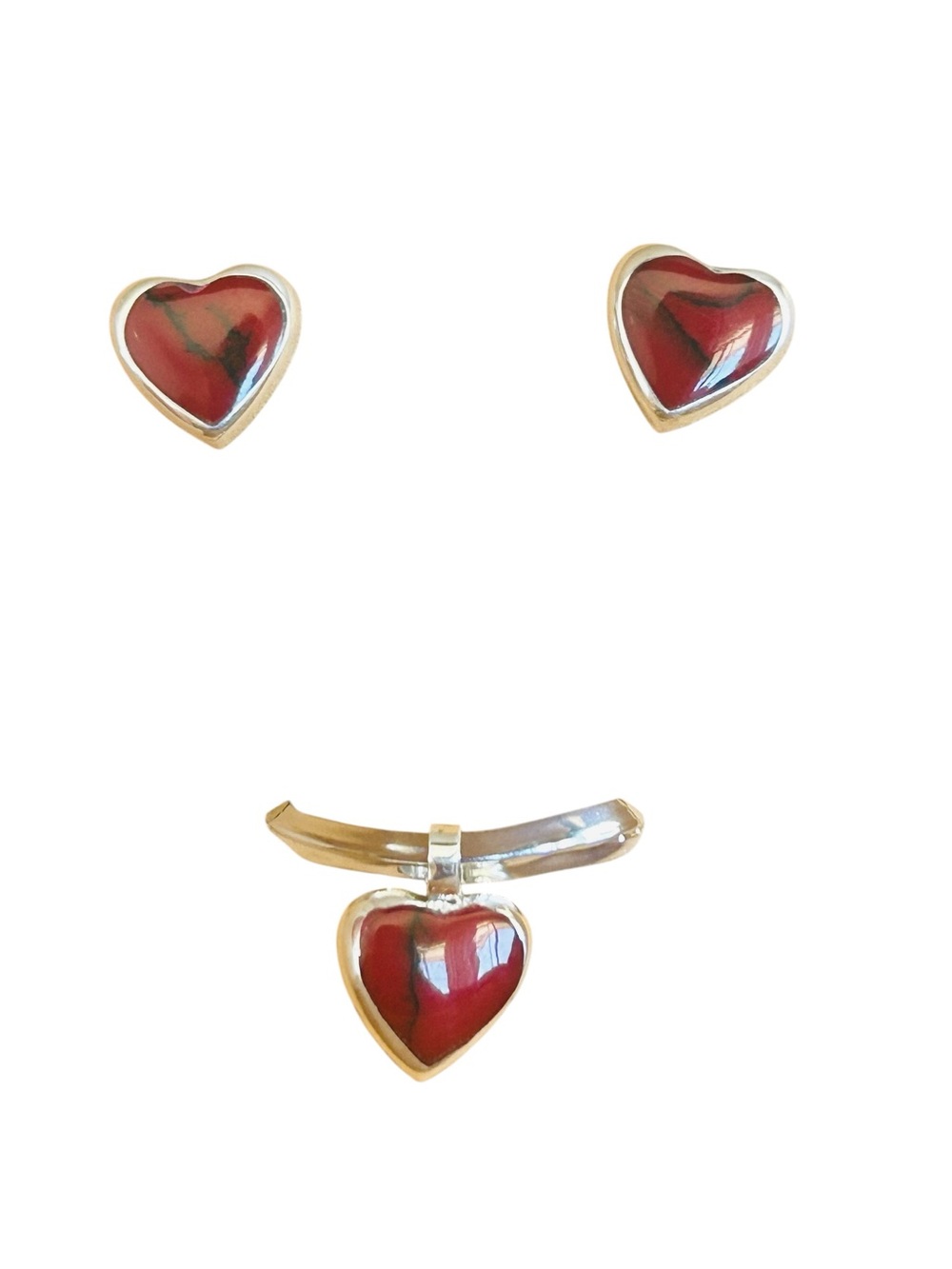 Taxco Mexico .925 Sterling Silver Heart Jewelry Set – Red Stone – Aprox  1.5 CM - Picture 6 of 10